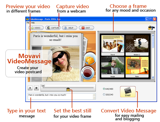 Movavi VideoMessage makes video messaging as easy as making a cup of coffee. Choose from 26 cool themes for different moods and occasions -- holidays, birthdays, dates, roadtrips, and more; capture video greeting and your special card is ready!