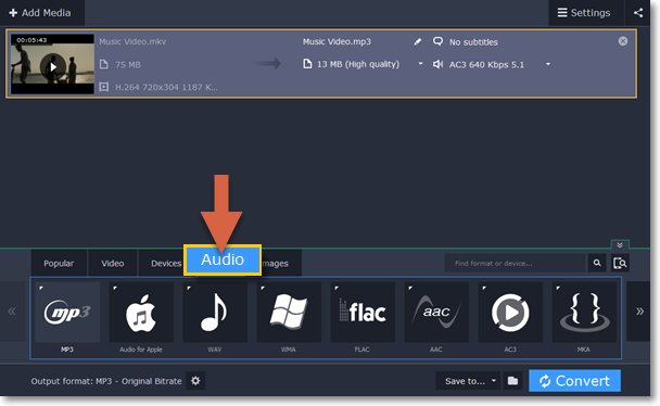 converting a music flac file to mp3 with movavi